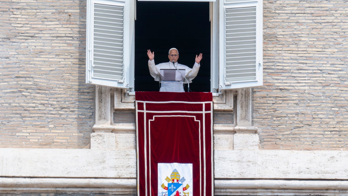 Pope Leo XIV waves to the crowd from the window of the apostolic palace overlooking St. Peter's square during an Angelus prayer on the Solemnity of Saints Peter and Paul, Rome's patron saints in The Vatican on June 29, 2026.