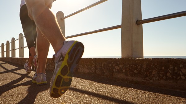 Pareja, piernas y correr con sol en el paseo marítimo para hacer ejercicio, ejercicio cardiovascular o entrenamiento al aire libre. Personas activas, o corredores con zapatos o zapatillas de deporte para la actividad física, la salud o el bienestar