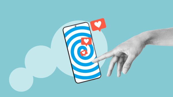 Dependencia de la red social mostrada por teléfono móvil con pantalla hipnótica y likes de redes sociales. Clickbait marketing y contenido viral en SMM como estrategia de medios